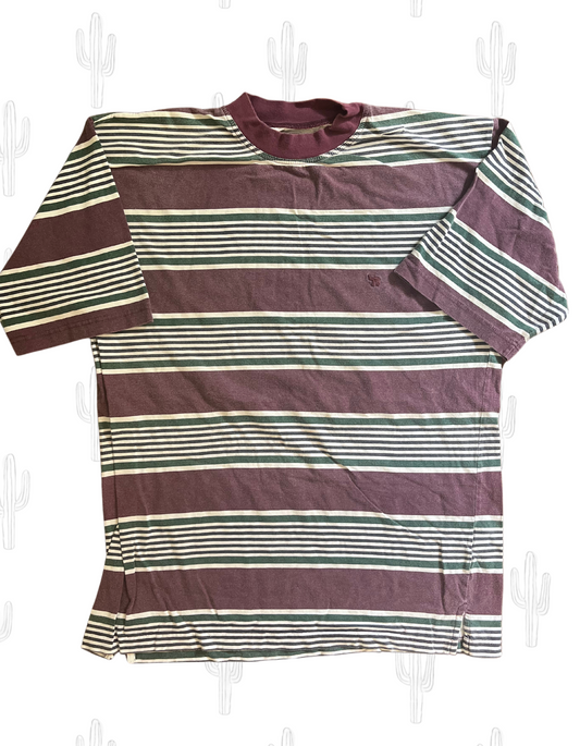 Front image of striped camel tee on light background.