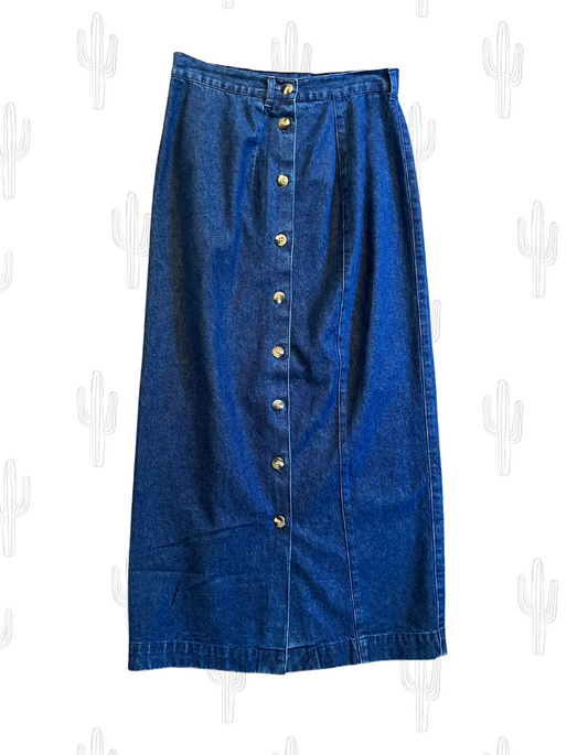 Front view of high waist denim maxi skirt with buttons