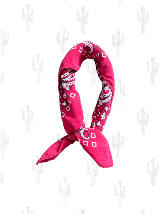 Front image of traditional red bandana rolled and tied on light background.