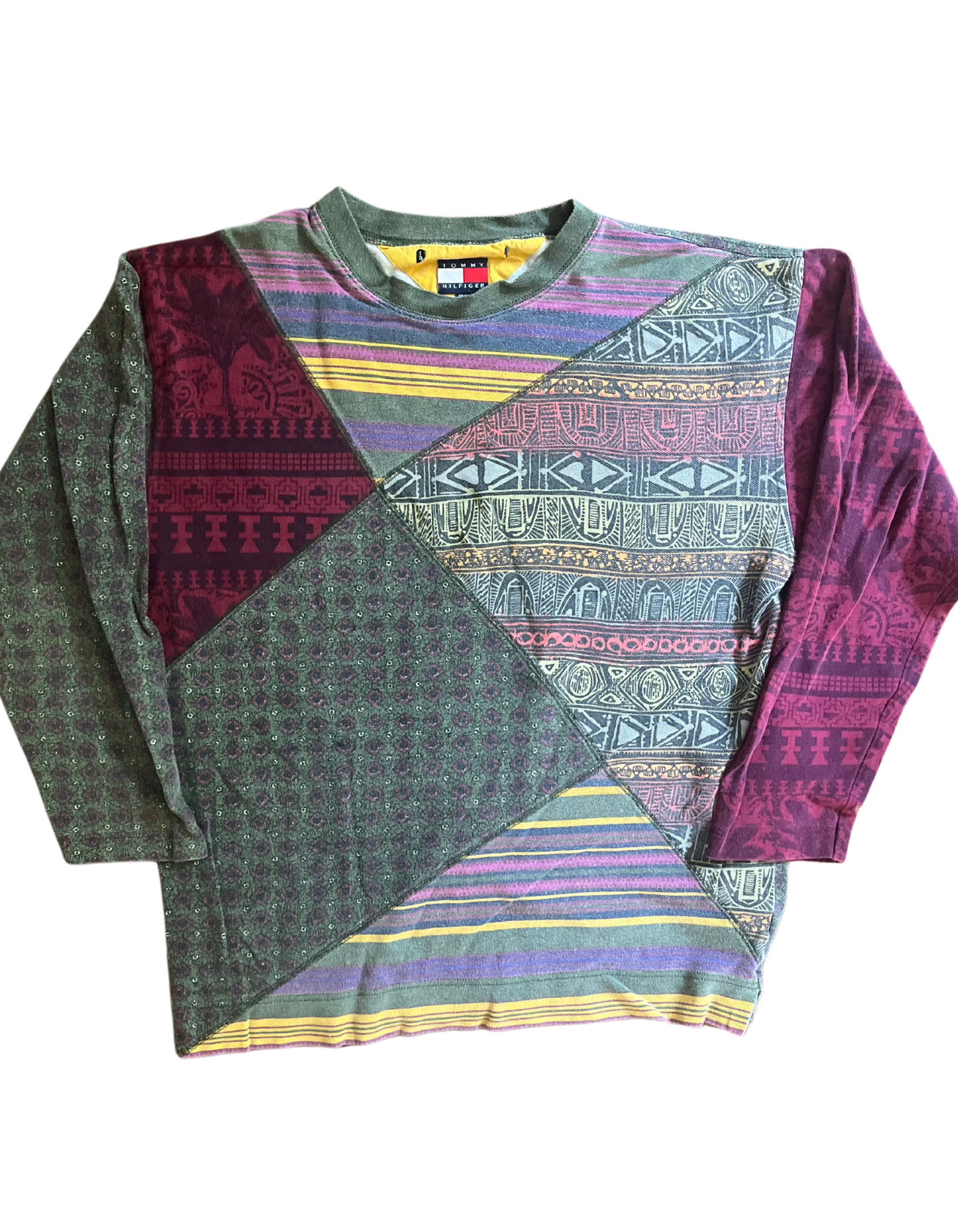 Front image of long sleeve patchwork tommy hilfiger shirt on light background.