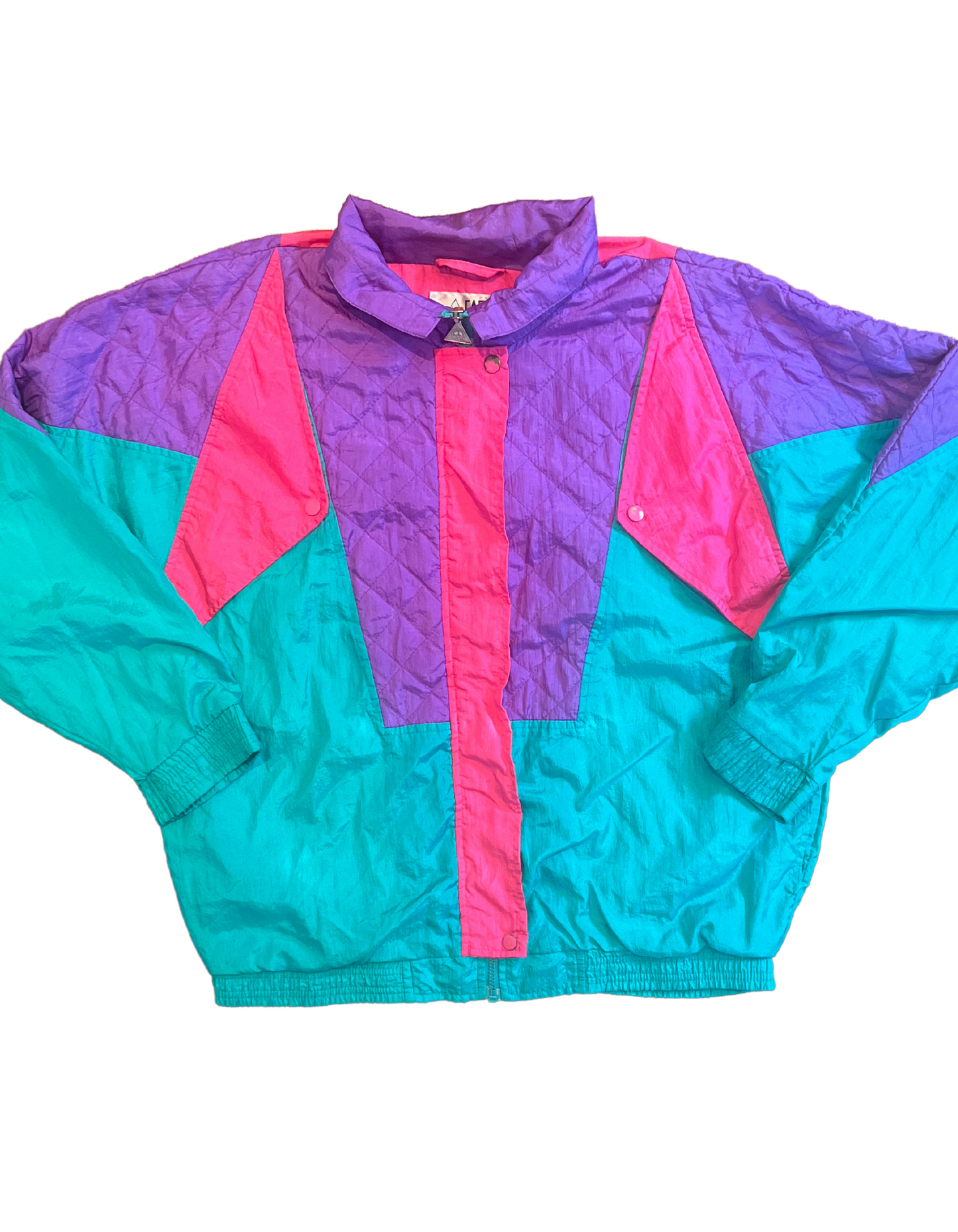 Front image of teal, purple and hot pink color pop windsuit featuring jacket  on white background.