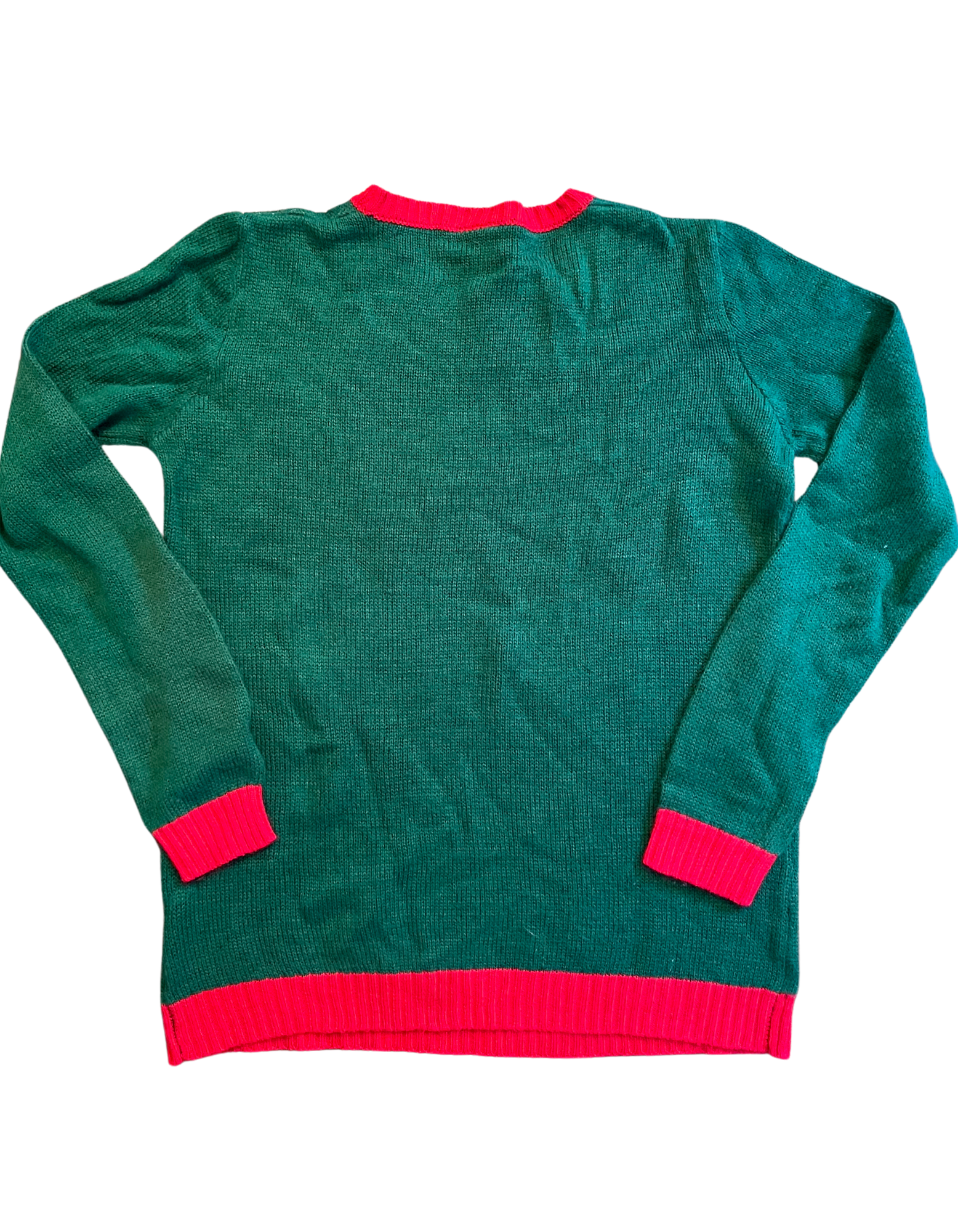 Back image of green and red sweater featuring elephant holding a gift with text reading subpar gift giver on white background.