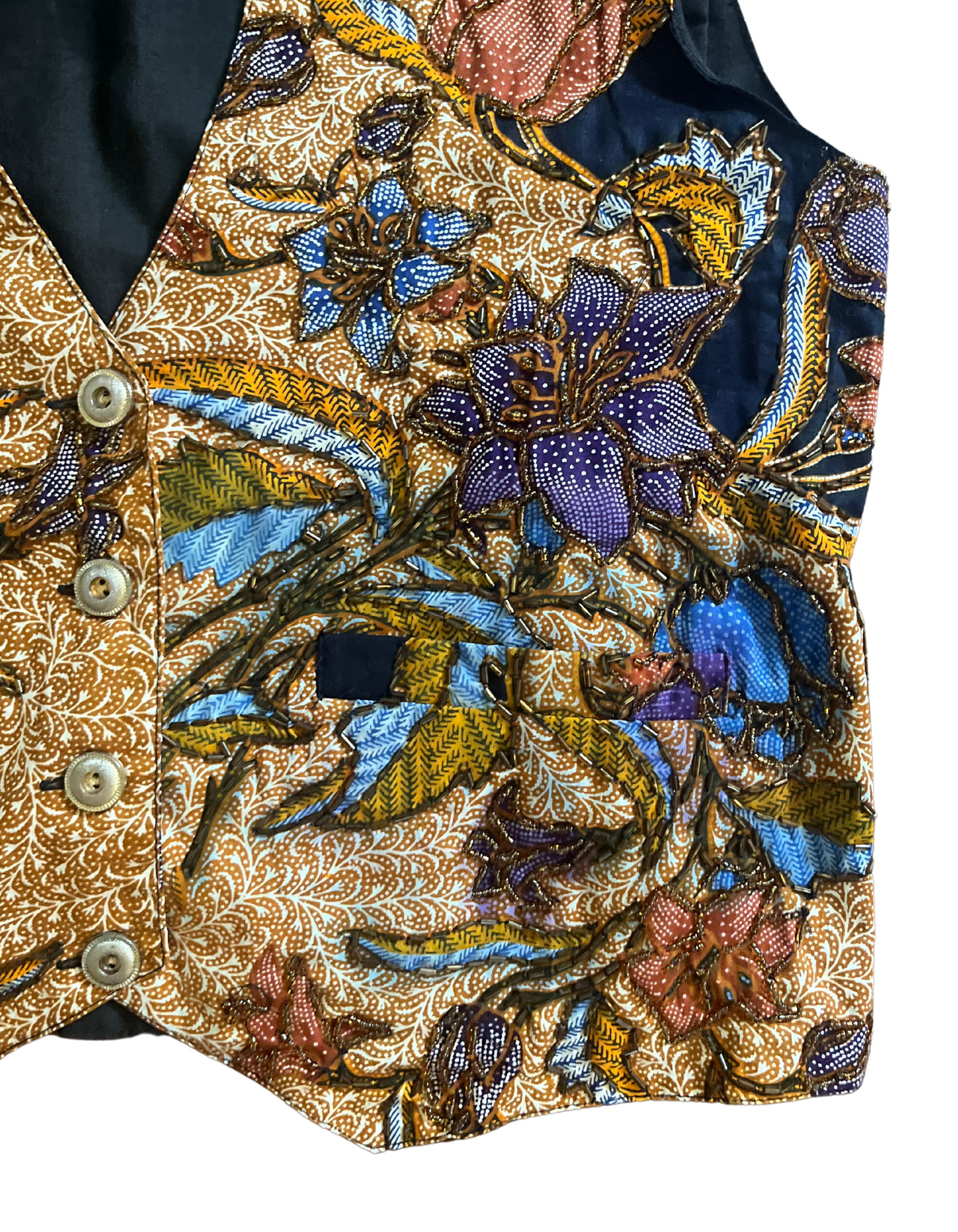 Close-up of beaded floral pattern on vest