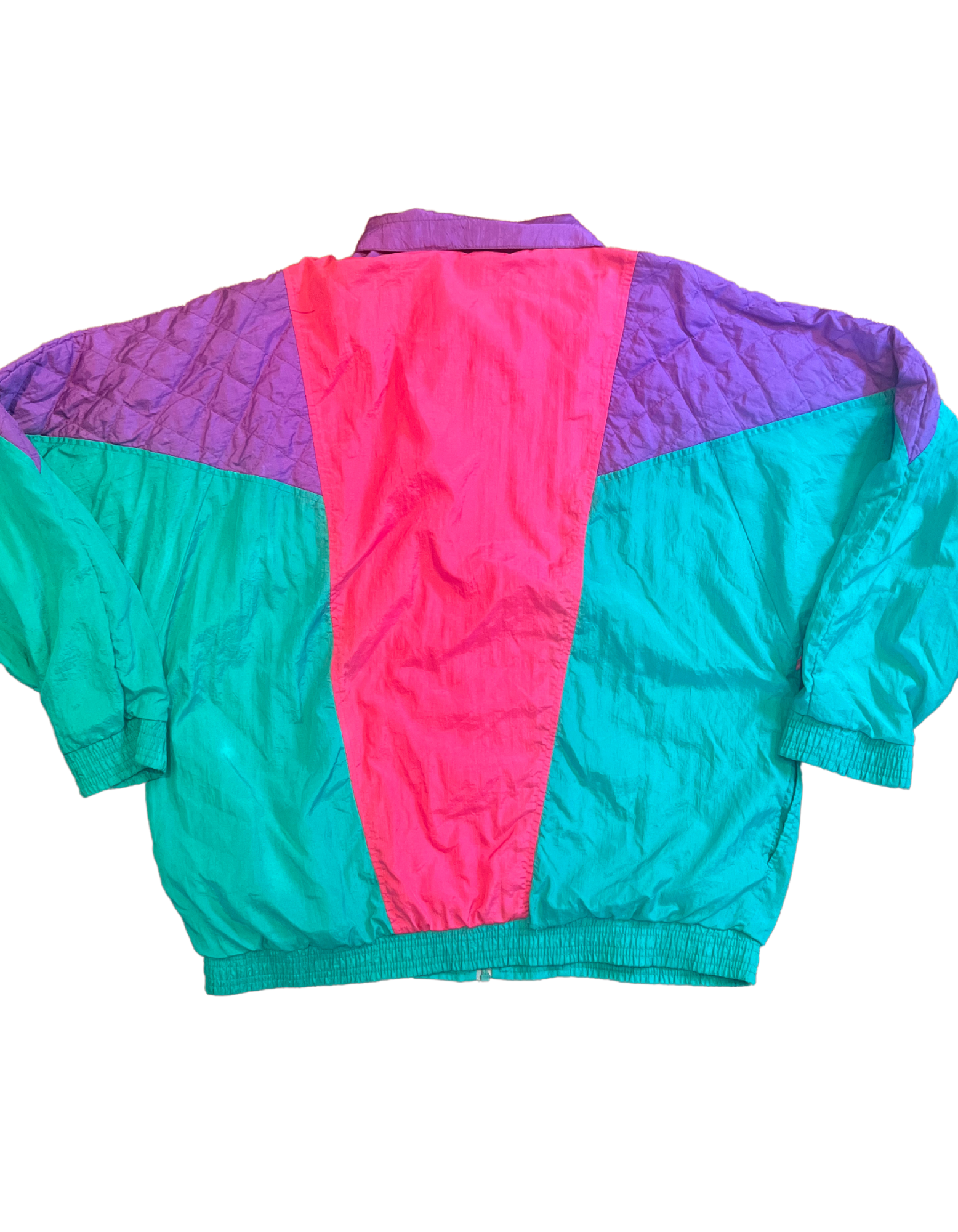 Back image of teal, purple and hot pink color pop windsuit on white background.