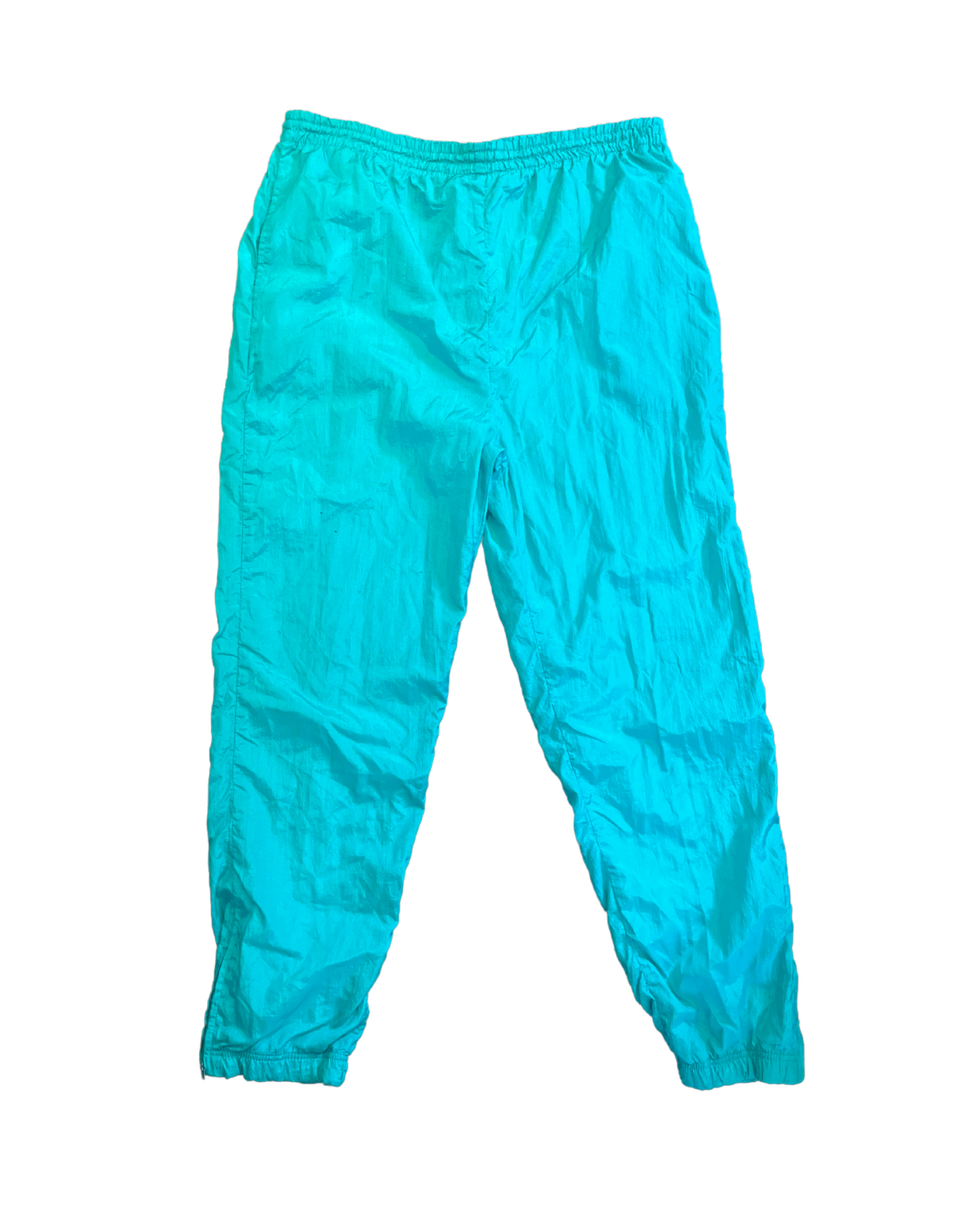 Pants image of teal, purple and hot pink color pop windsuit featuring jacket and pants on white background.