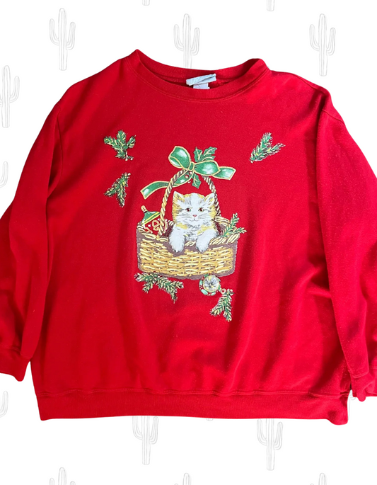 Red Kitty Cat Christmas Sweatshirt- M/L