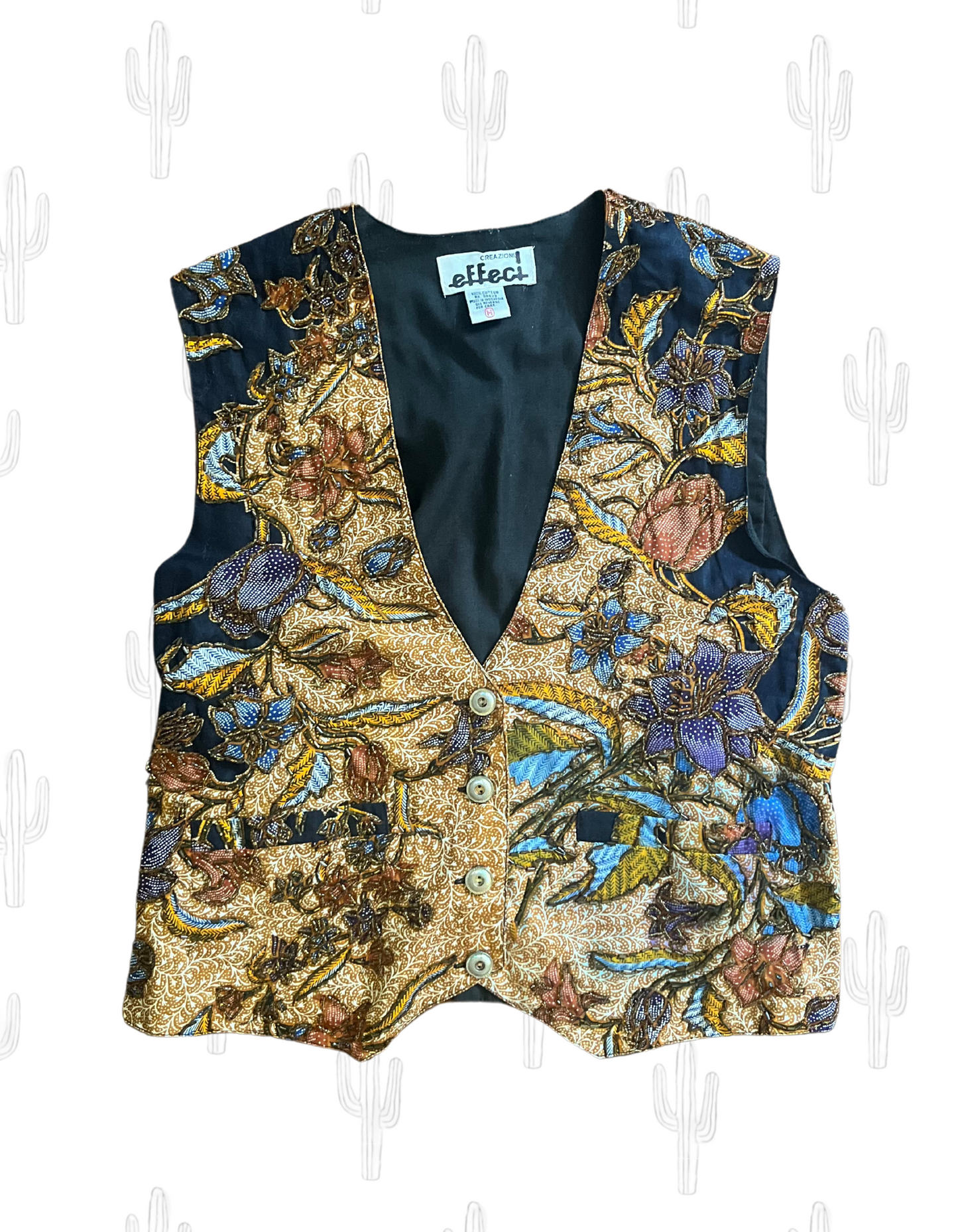 Beaded floral vest with intricate design, front view