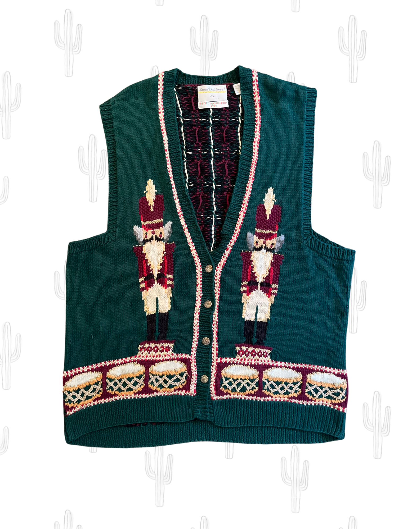 Front image of 1995 Christmas sweater with nutcrackers in size 3x on white background.