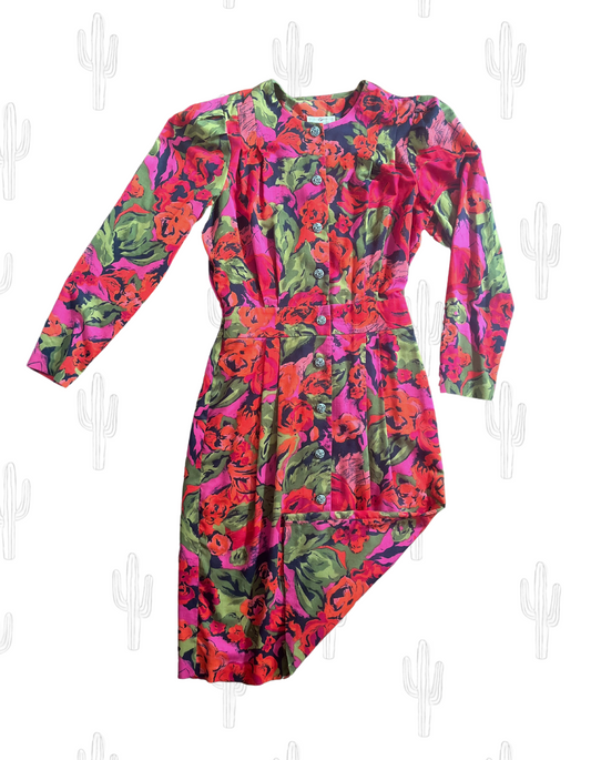 Vintage puff sleeve dress with bold floral print, front view