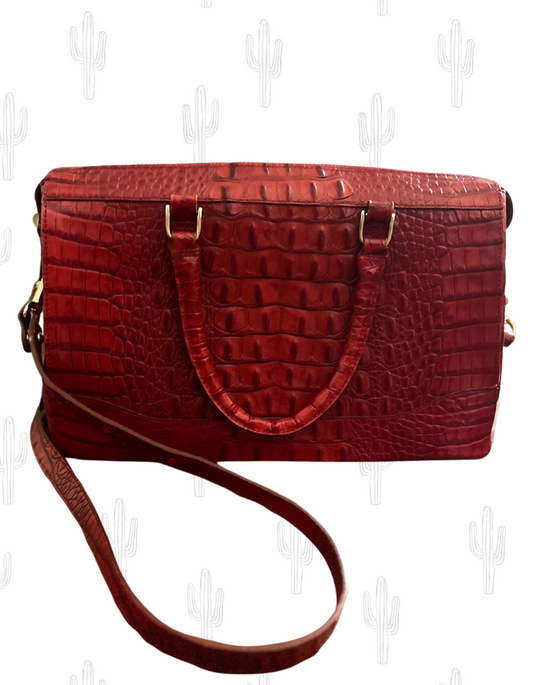 Front image of red leather croc bag by brahmin bags out of Australia on white background.