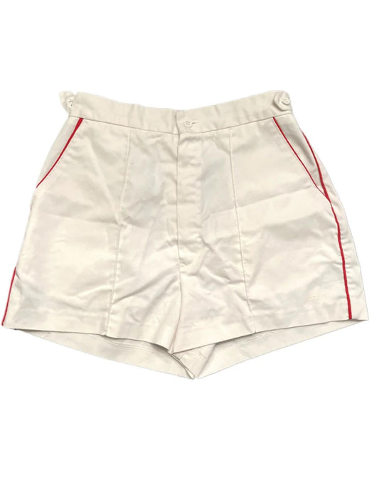 Front of white shorts with red stripe on white background.