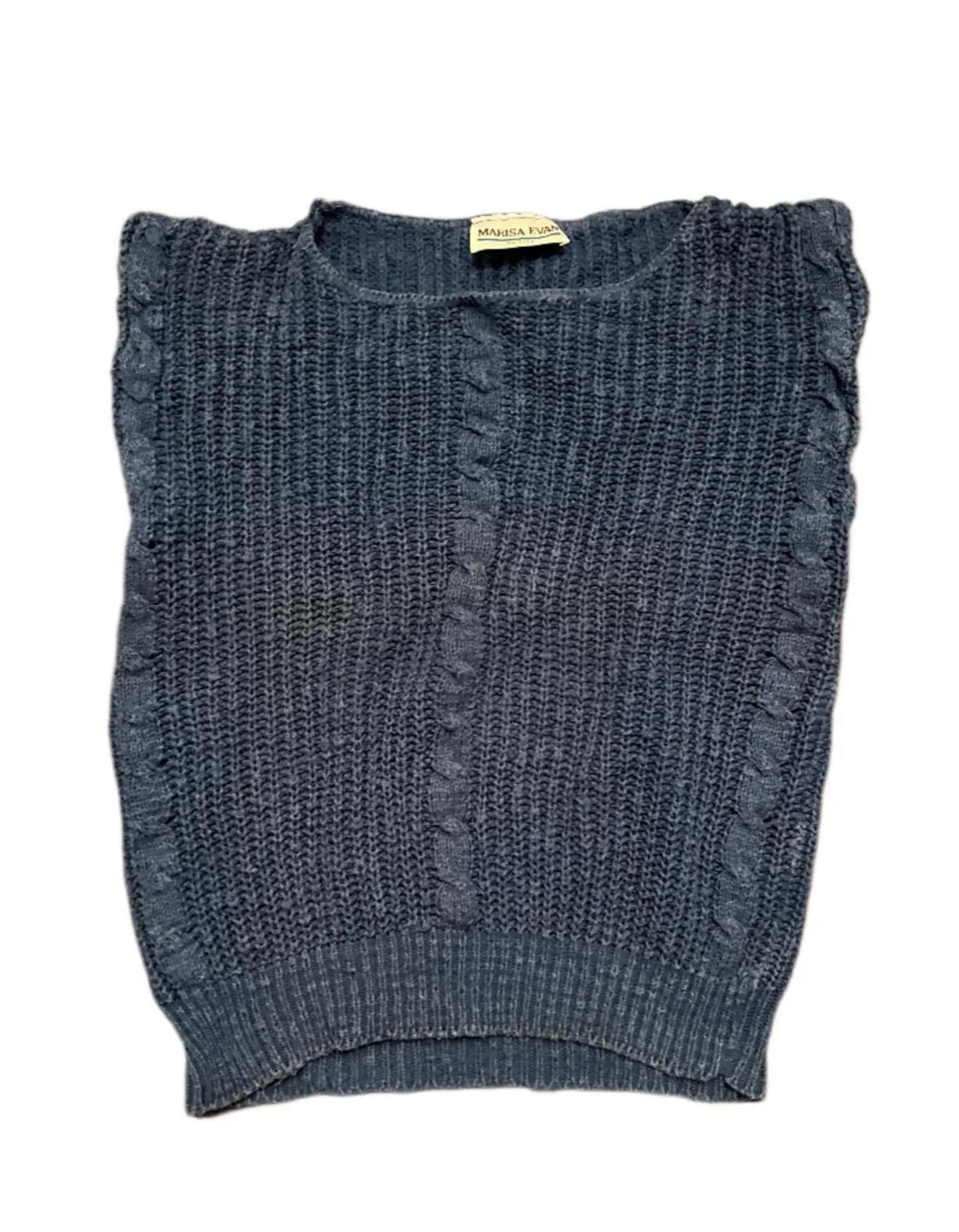 Front view of vintage blue cable knit sweater vest on white background.