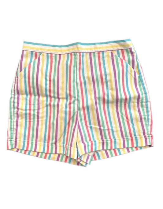 Vintage 1980's youth stripe shorts with pockets and pink, yellow, green, white, blue and purple stripes and pockets on white background.