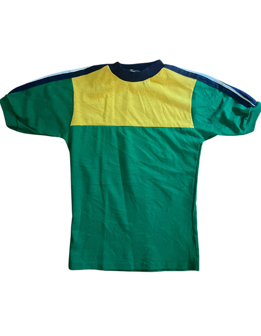 Front image of green and yellow color block shirt with navy and white stripes on white background.