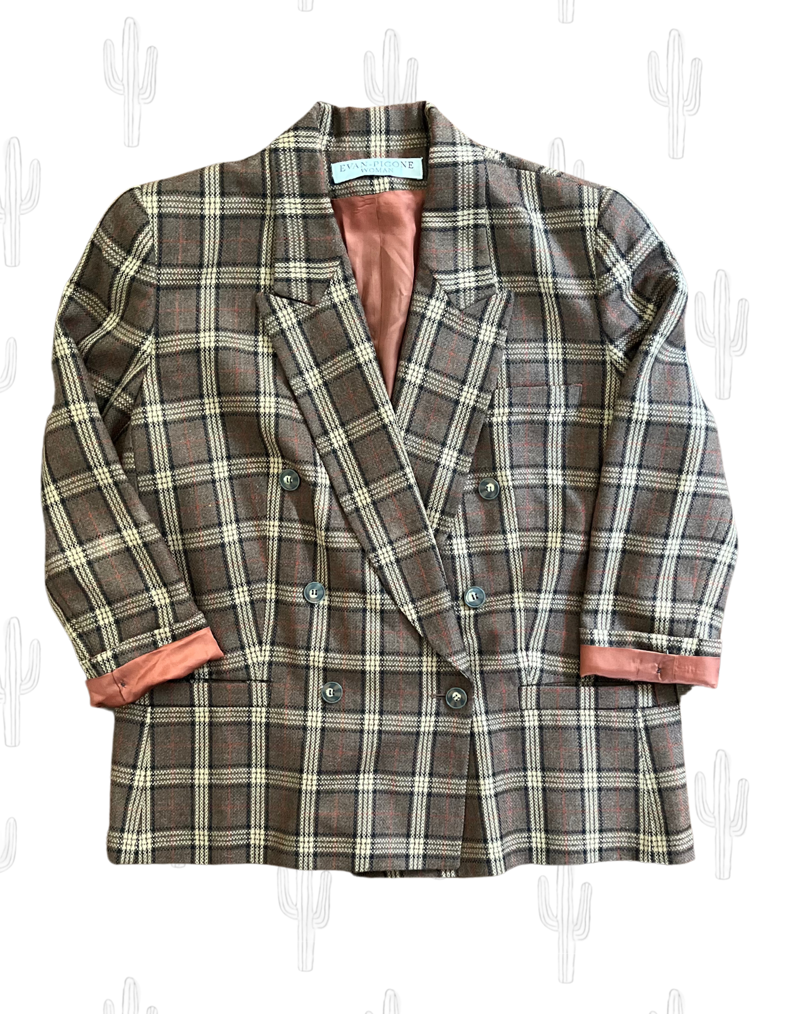 Front image of vintage Evan-Picone plaid wool double breasted blazer on light background.