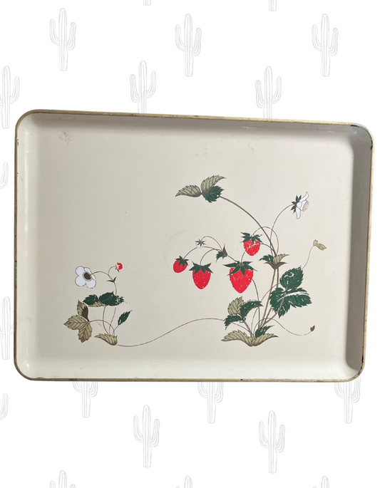 Front image of cream and gold Otagiri tray with strawberry design on light background.