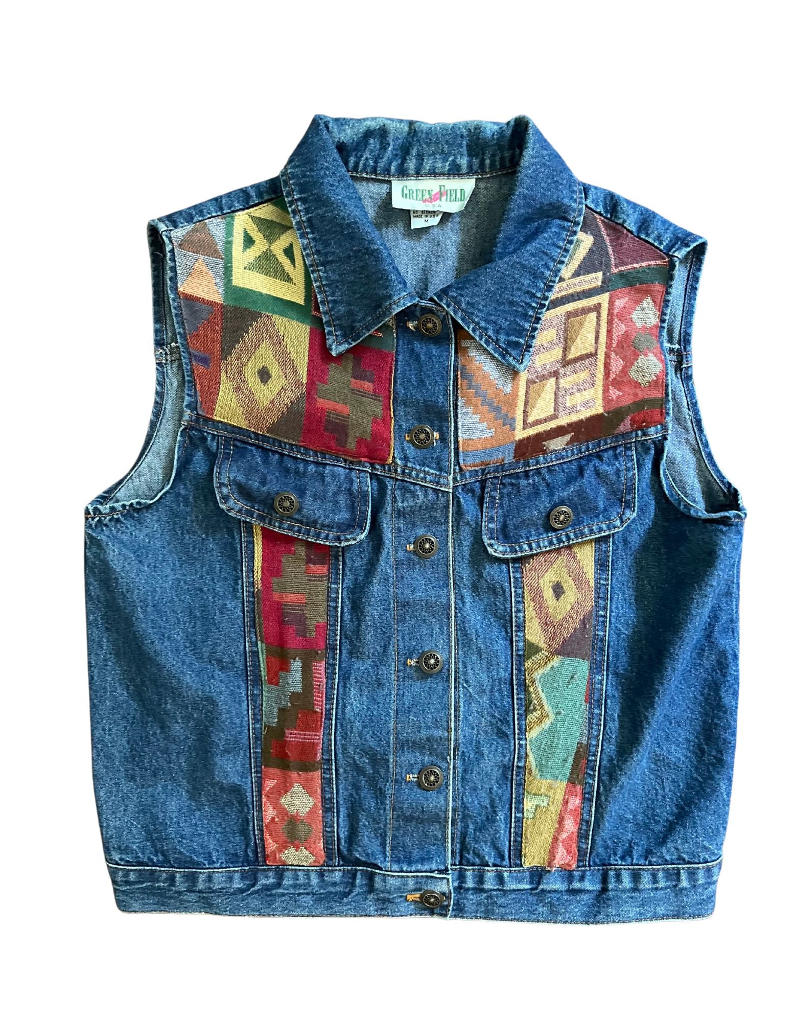 Front of vintage denim vest with printed fabric inserts.