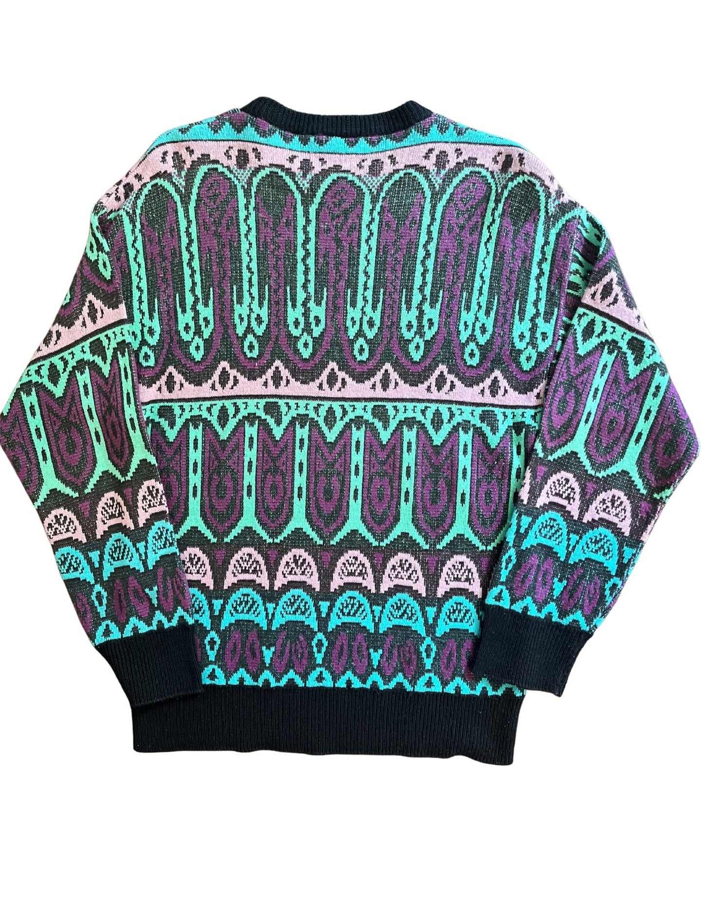 Back image of vintage purple, teal and black cosby sweater on white background.