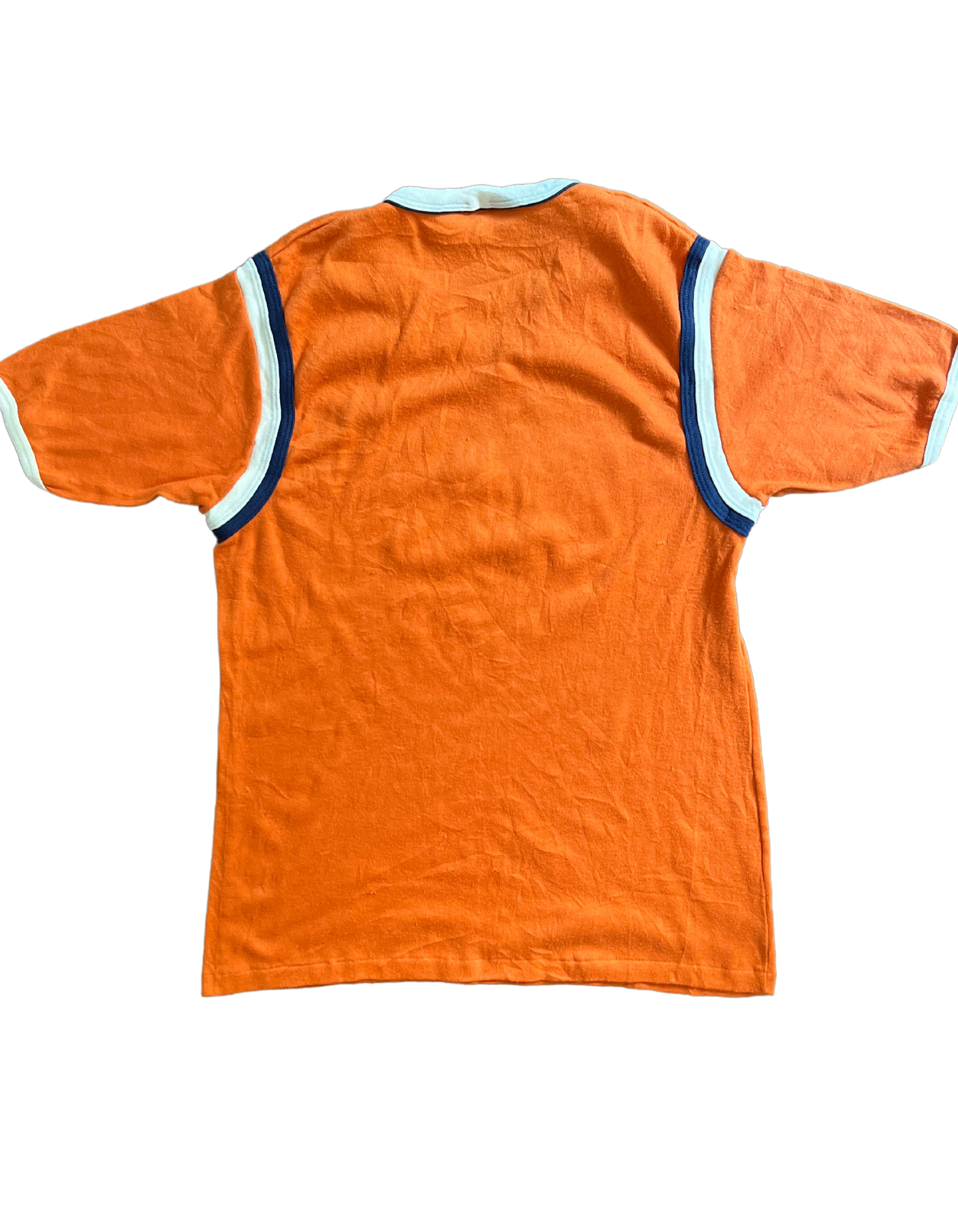 Back image of orange men's ringer tee with navy and white piping on light background.