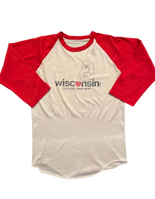 Front image of red and white raglan with wisconsin cold nose, warm  heart graphic on white background.