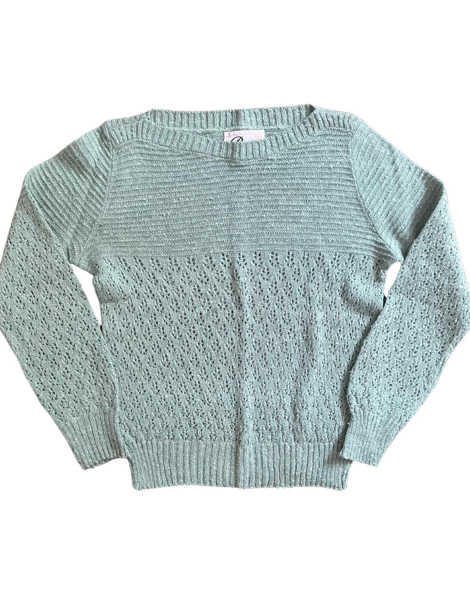 Front image of seafoam green knitted sweater on white background.