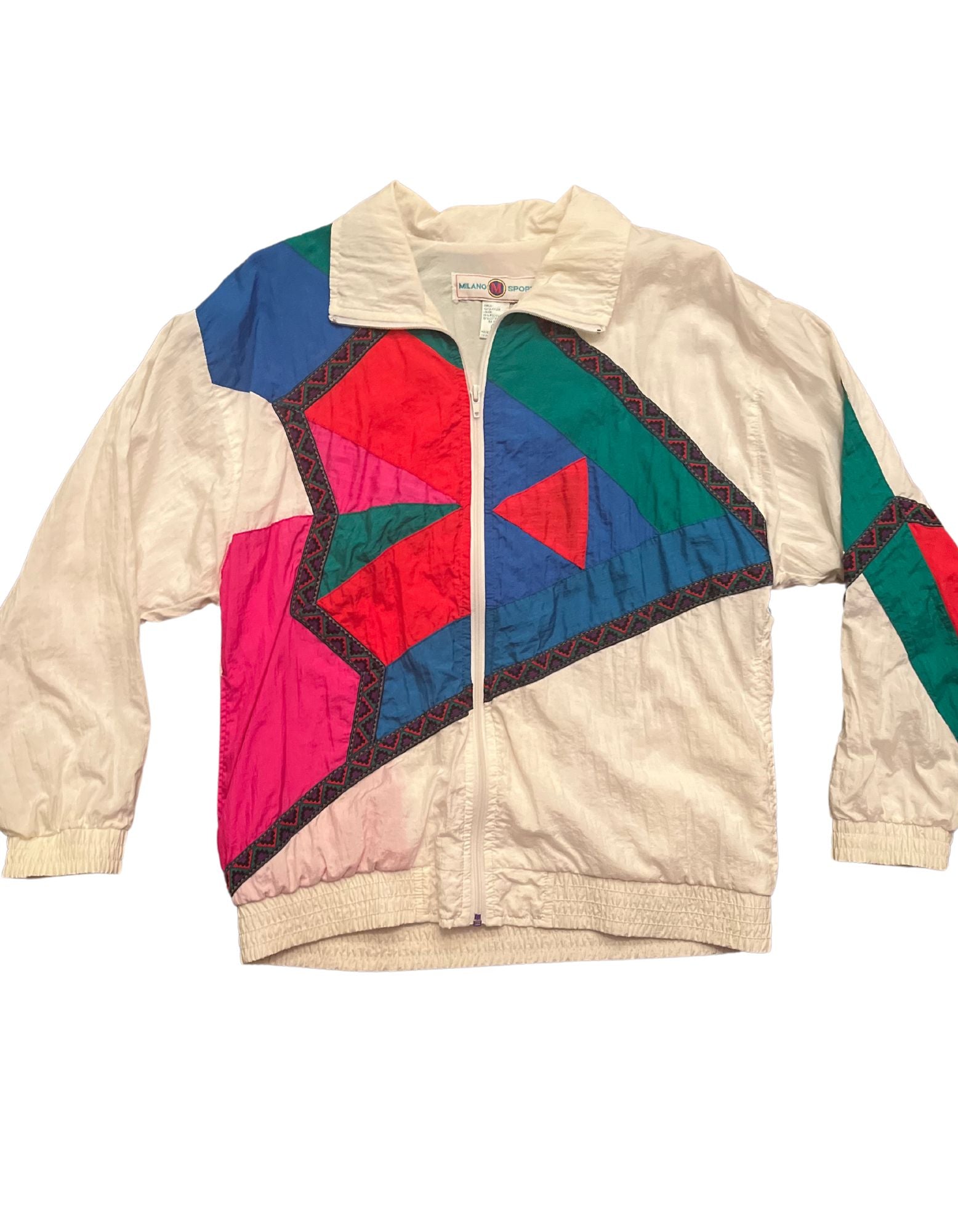 Front image of white colorblock windbreaker with embroidered trim.