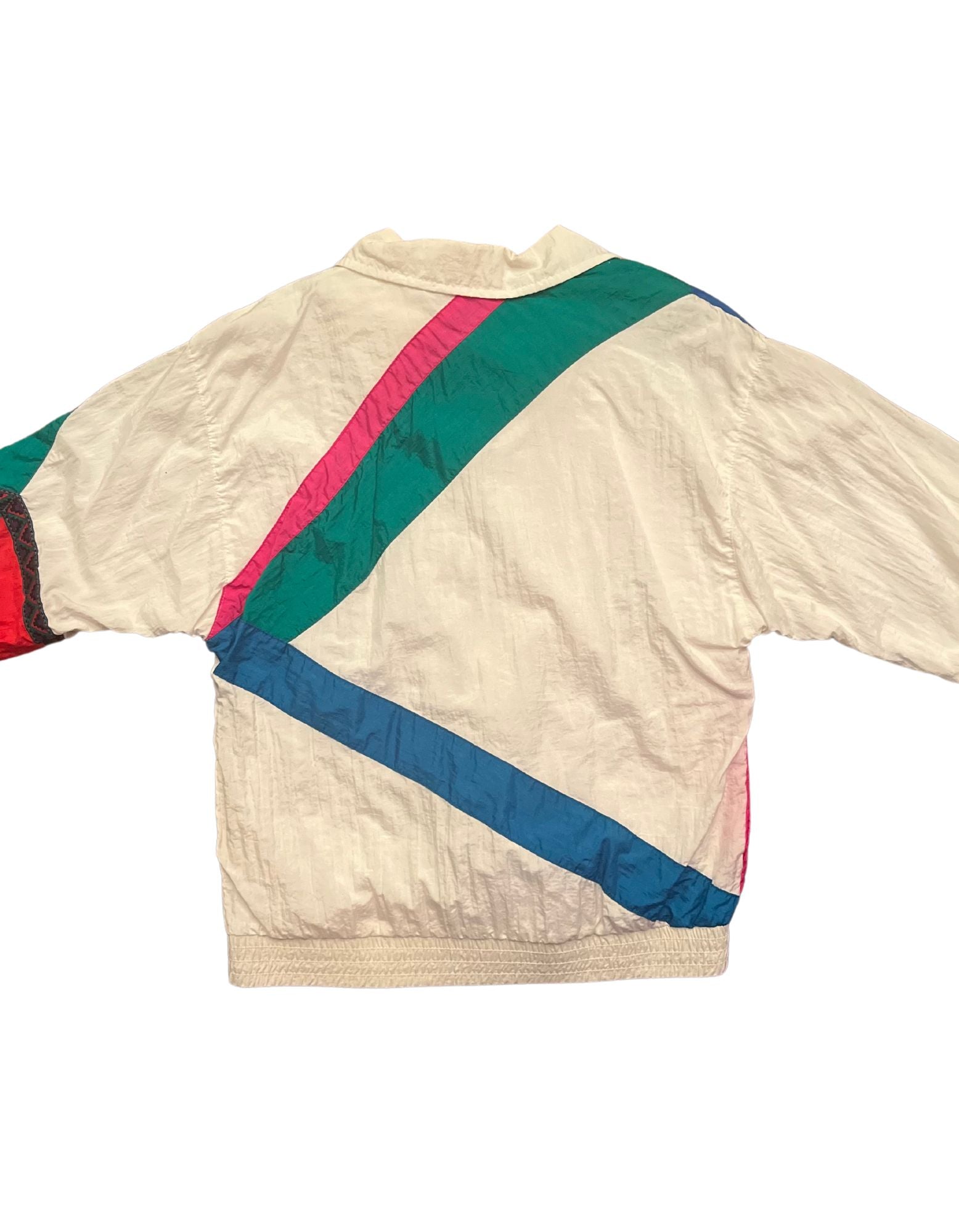 Back image of white colorblock windbreaker with embroidered trim.