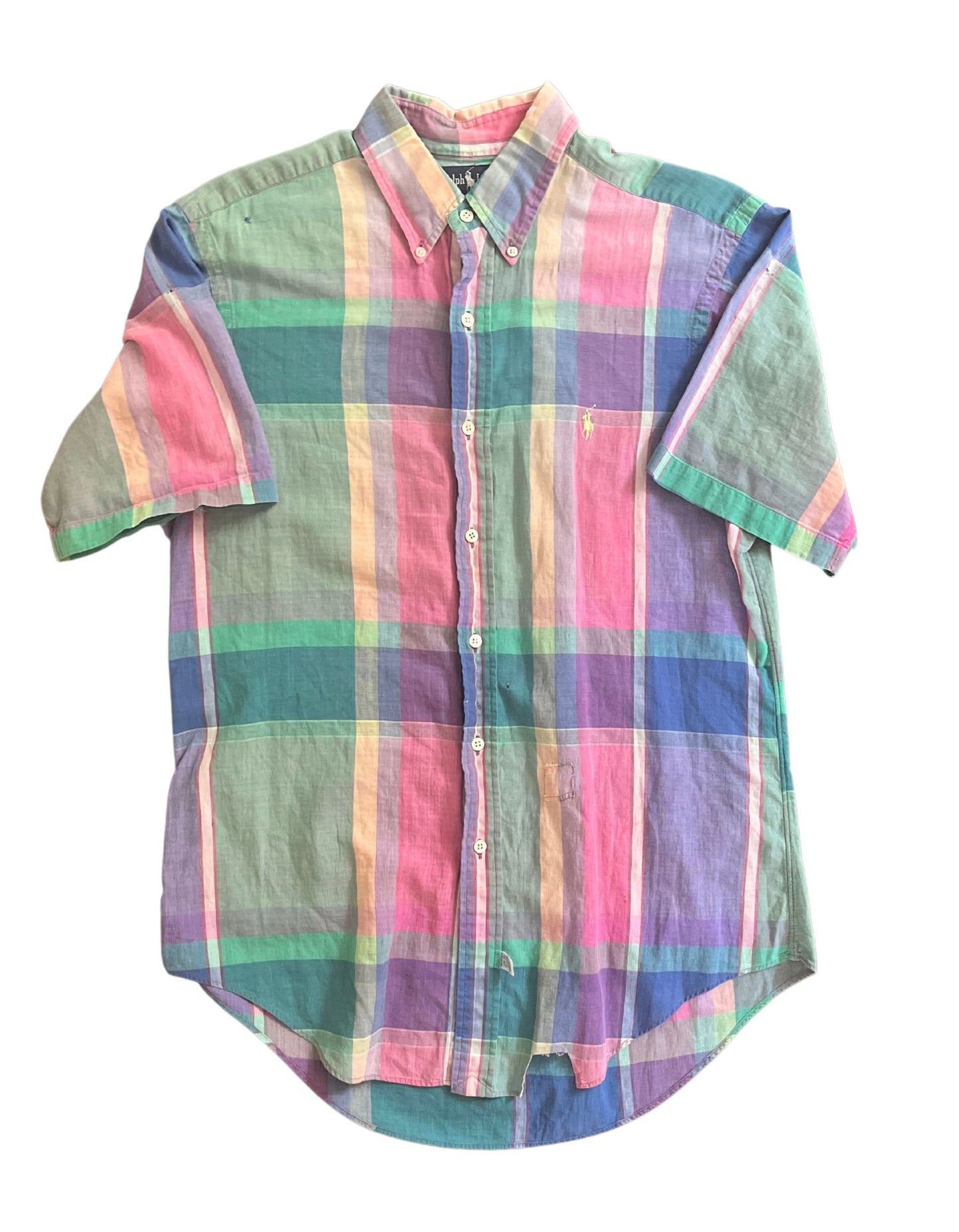 Front image of yellow, green, pink, purple and blue ralph lauren short sleeve button down on white background.