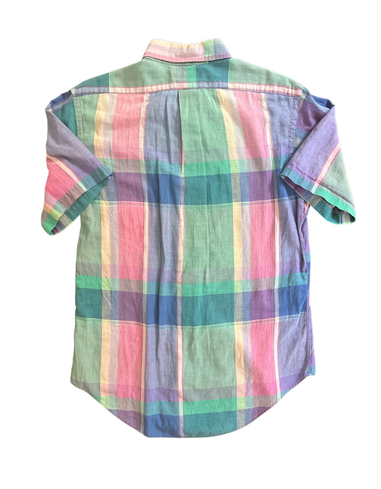 Back image of yellow, green, pink, purple and blue ralph lauren short sleeve button down on white background.