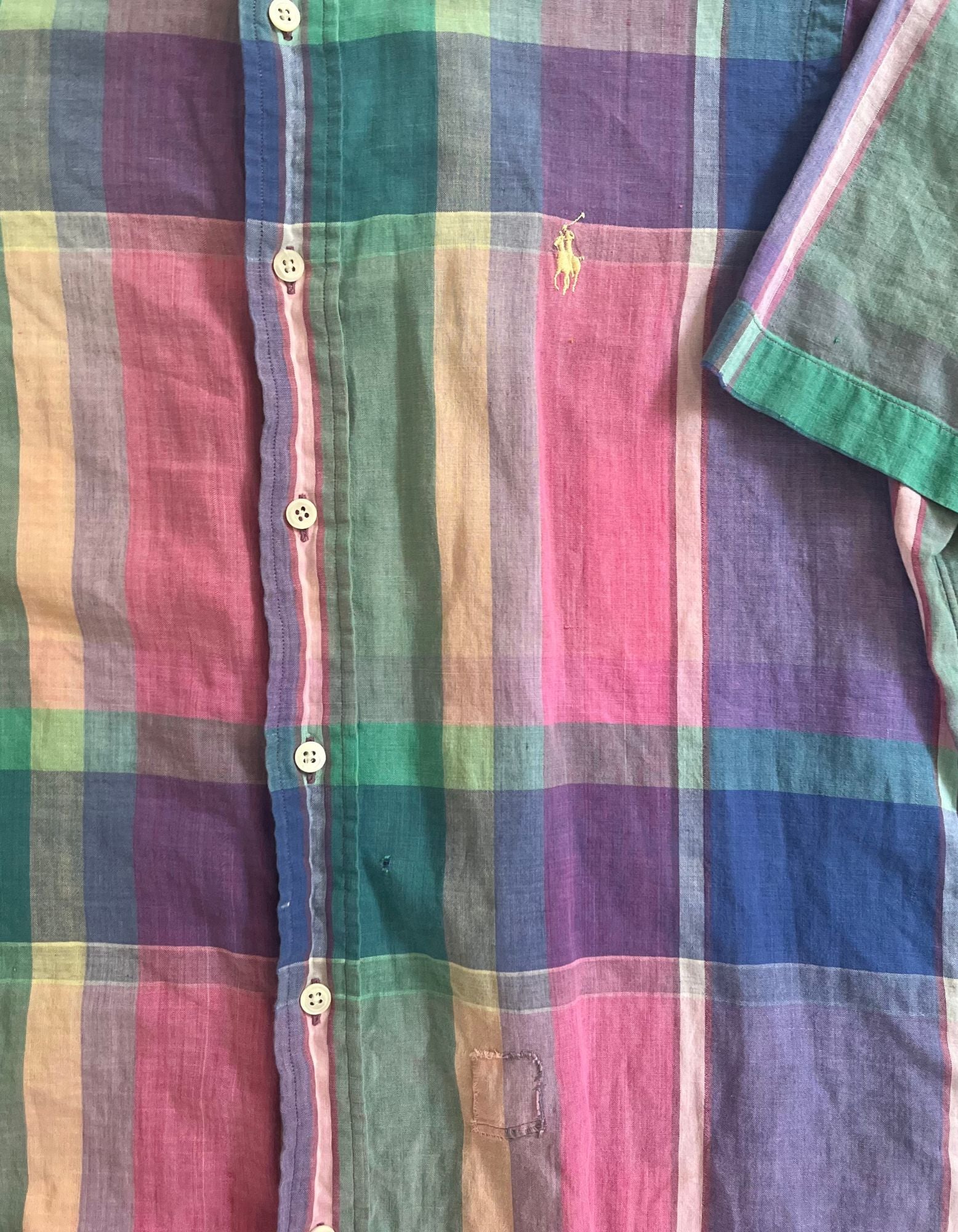 Front image of yellow, green, pink, purple and blue ralph lauren short sleeve button down on white background.