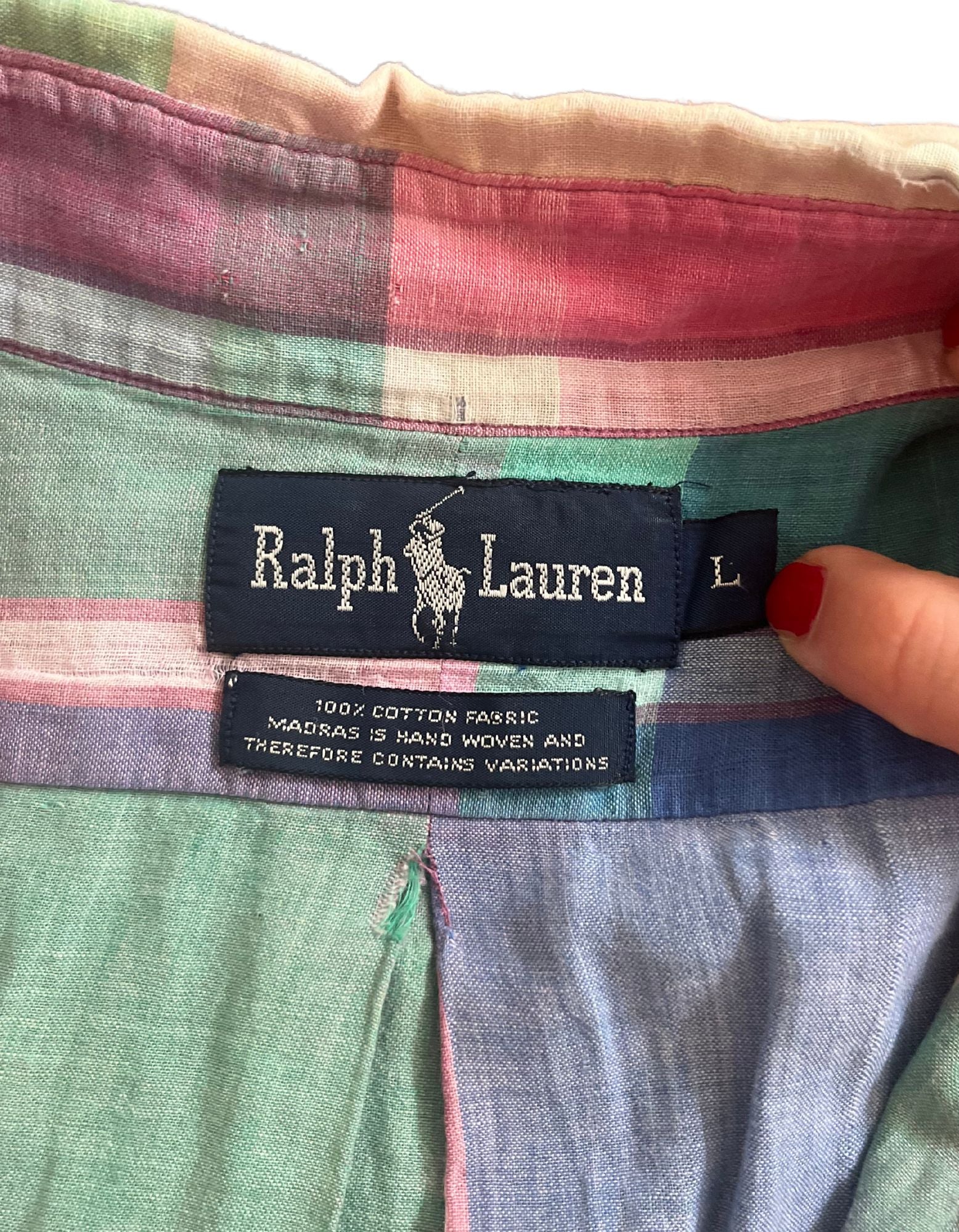 Front image of yellow, green, pink, purple and blue ralph lauren short sleeve button down on white background.