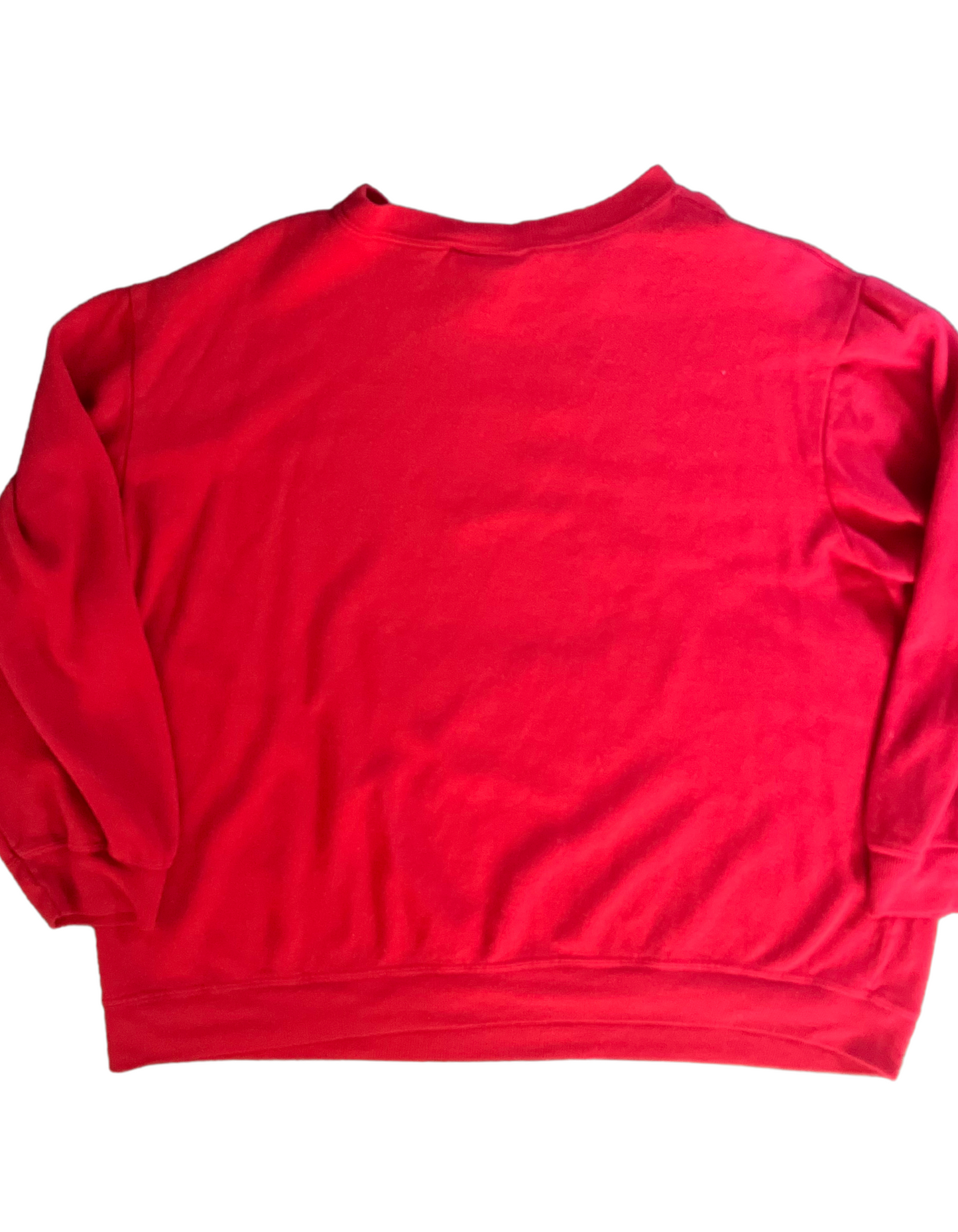 Back image of red christmas sweatshirt featuring kitty cat in basket on white background.