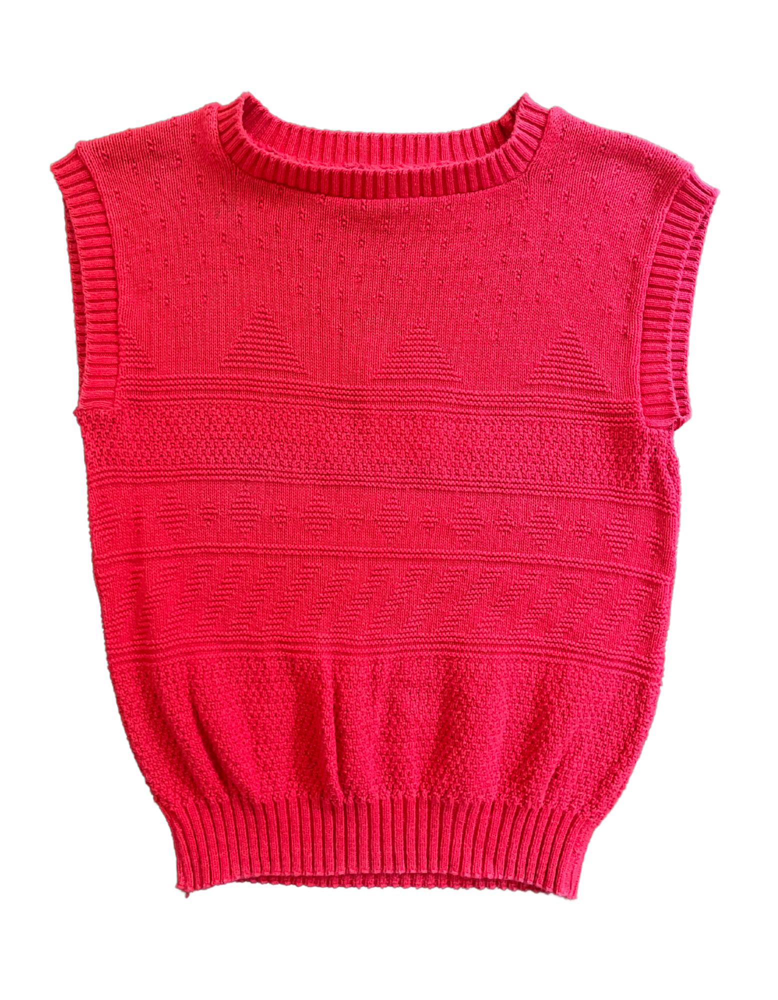 Front image of red knit sweater vest on white background.