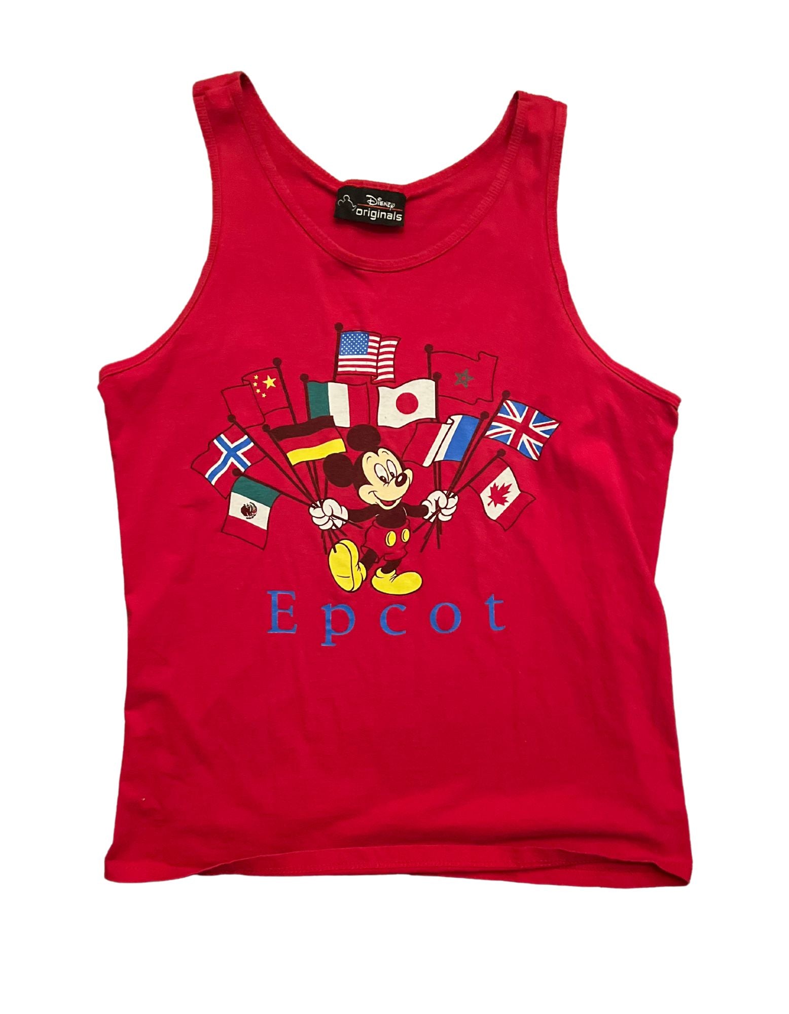 Front image of red mickey mouse epcot tank top with multiple countries flags on white background.