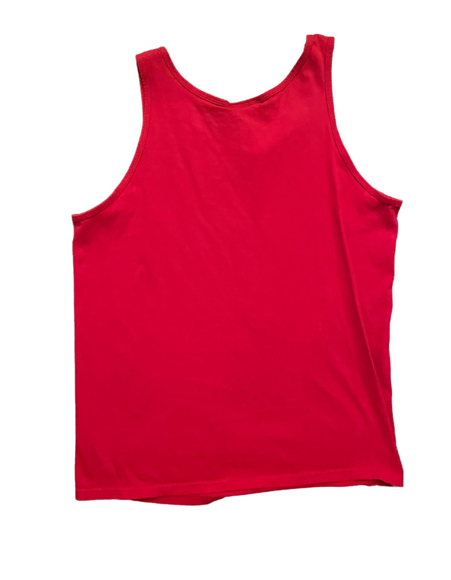 Back image of red mickey mouse epcot tank top with multiple countries flags on white background.