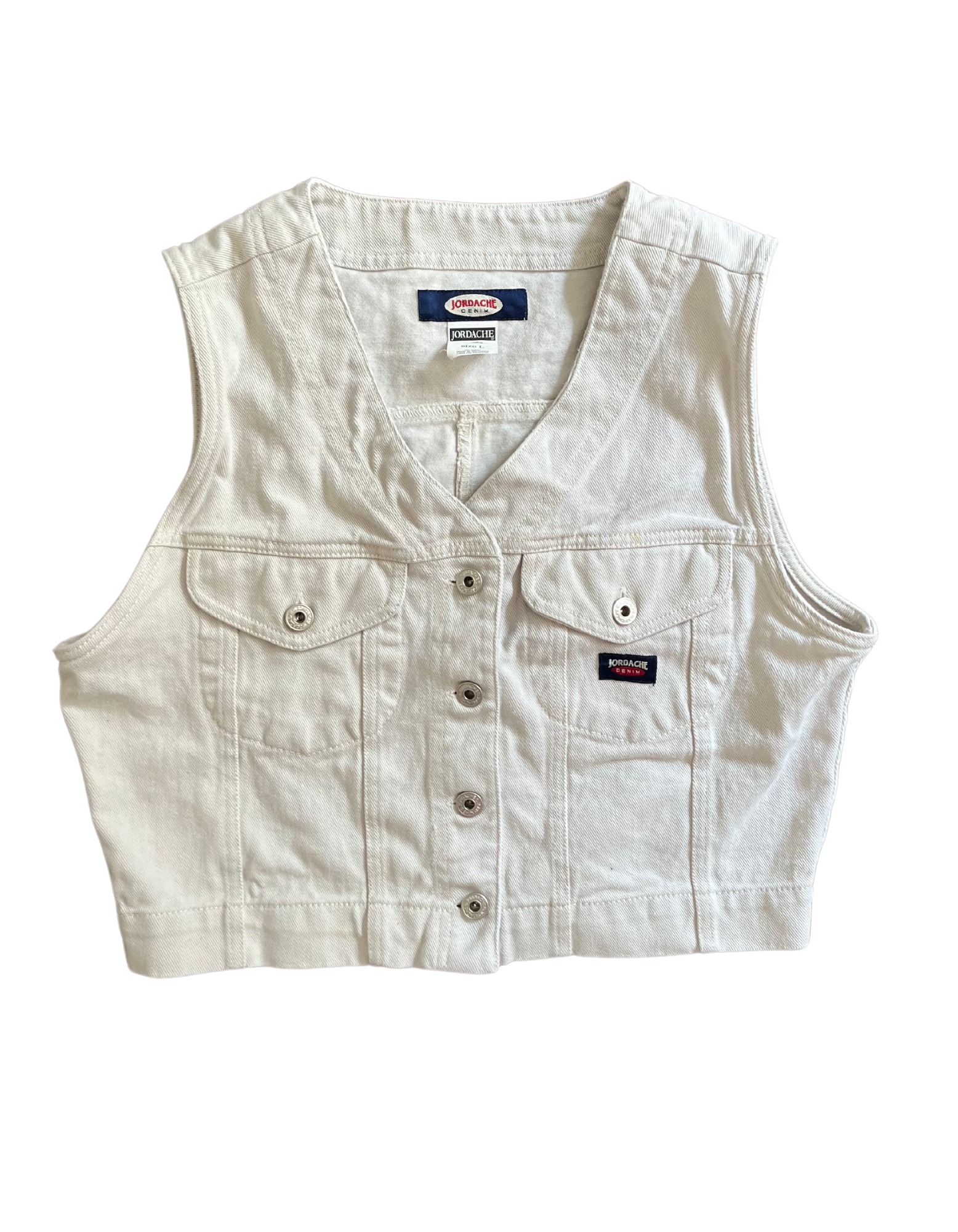 Front image of white Jordache denim vest on white background.