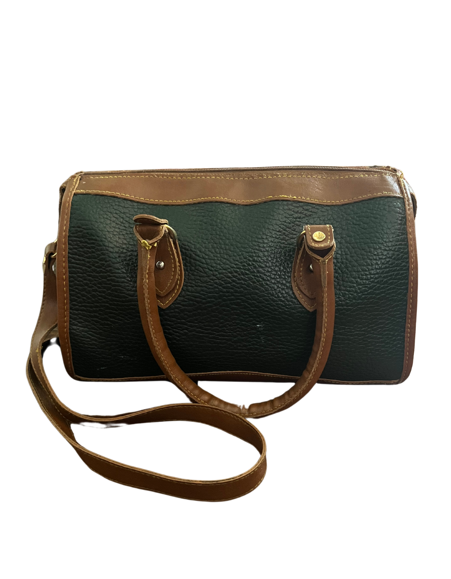 Back image of green and tan shoulder bag on white background.