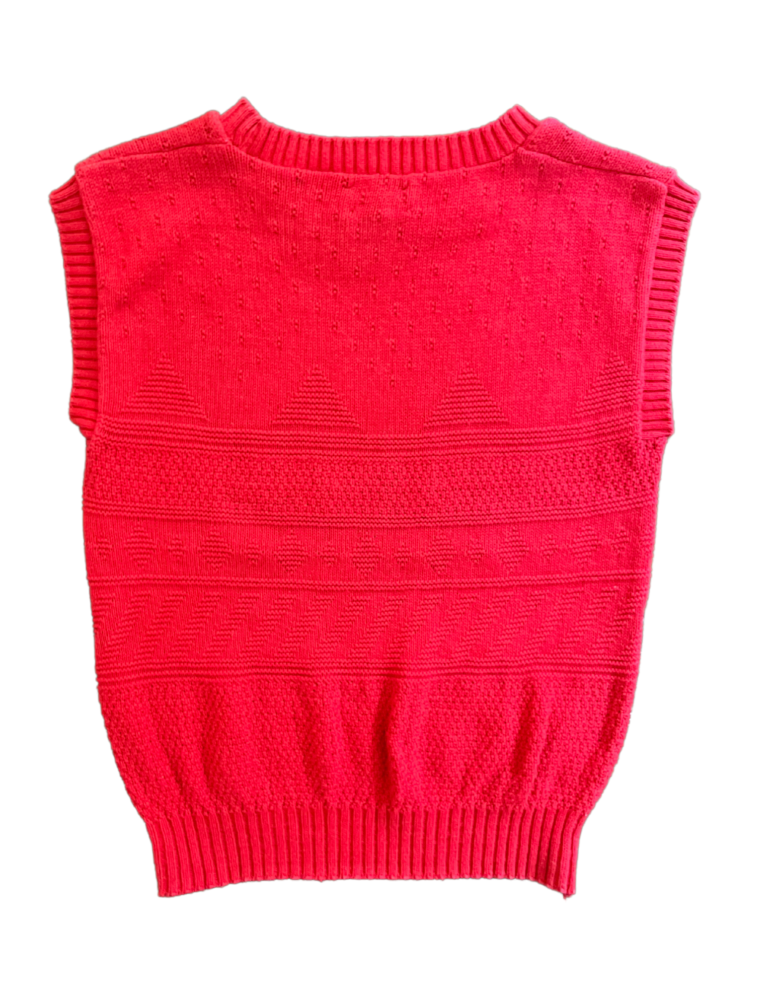 Back image of red knit sweater vest on light background.