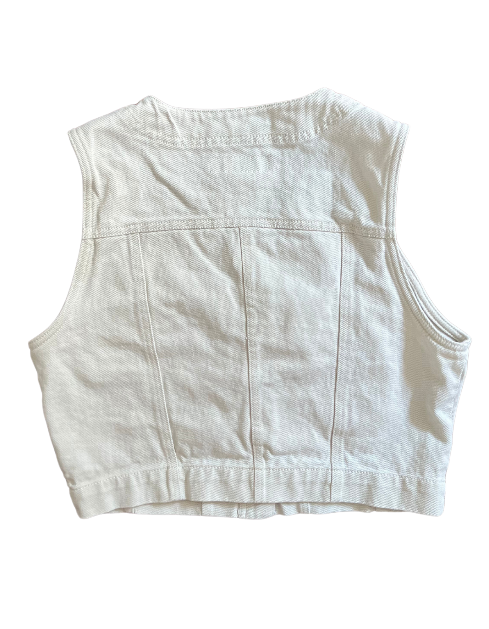 Back image of white Jordache denim vest on white background.