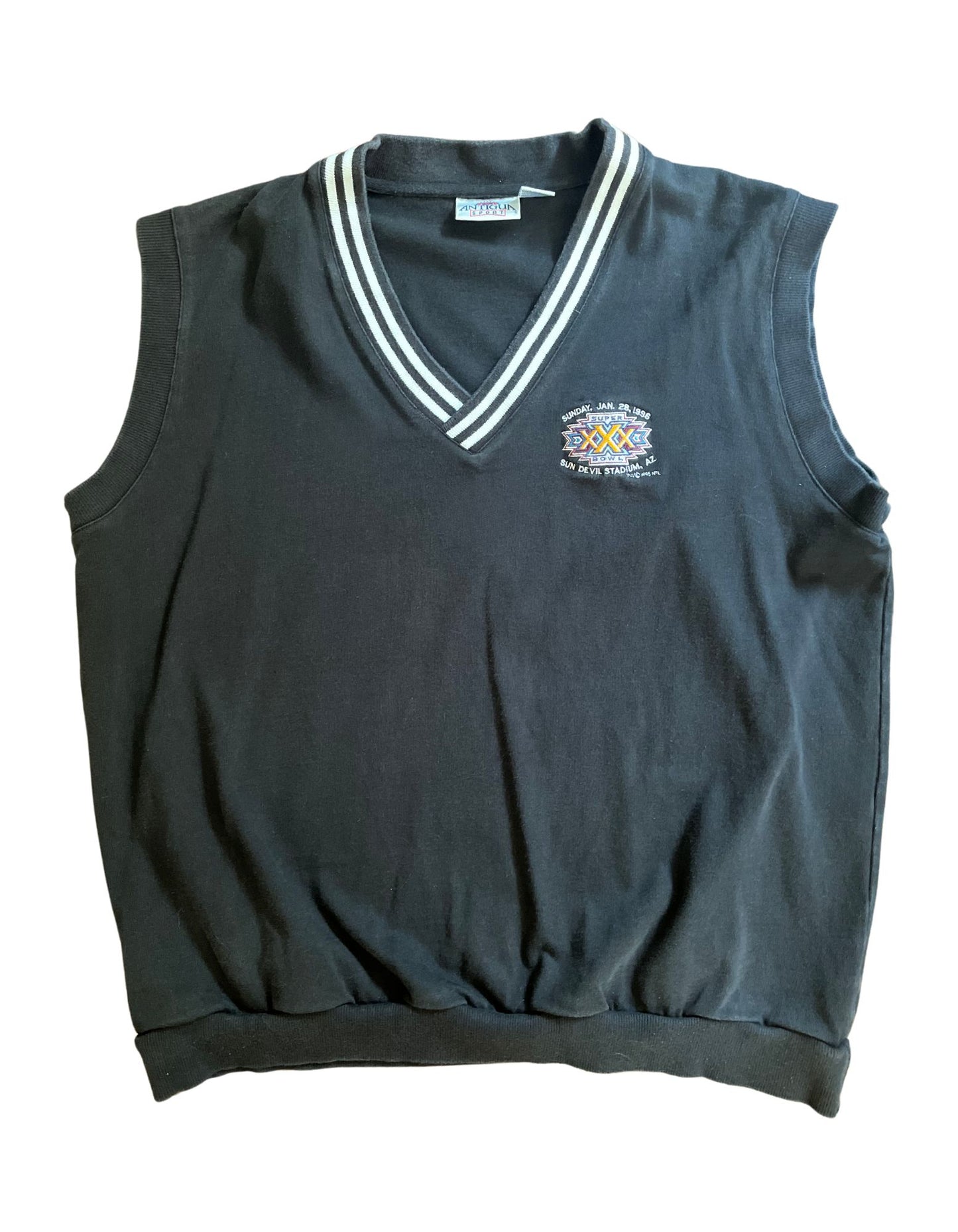 Front image of 1996 super bowl black vest on white background.