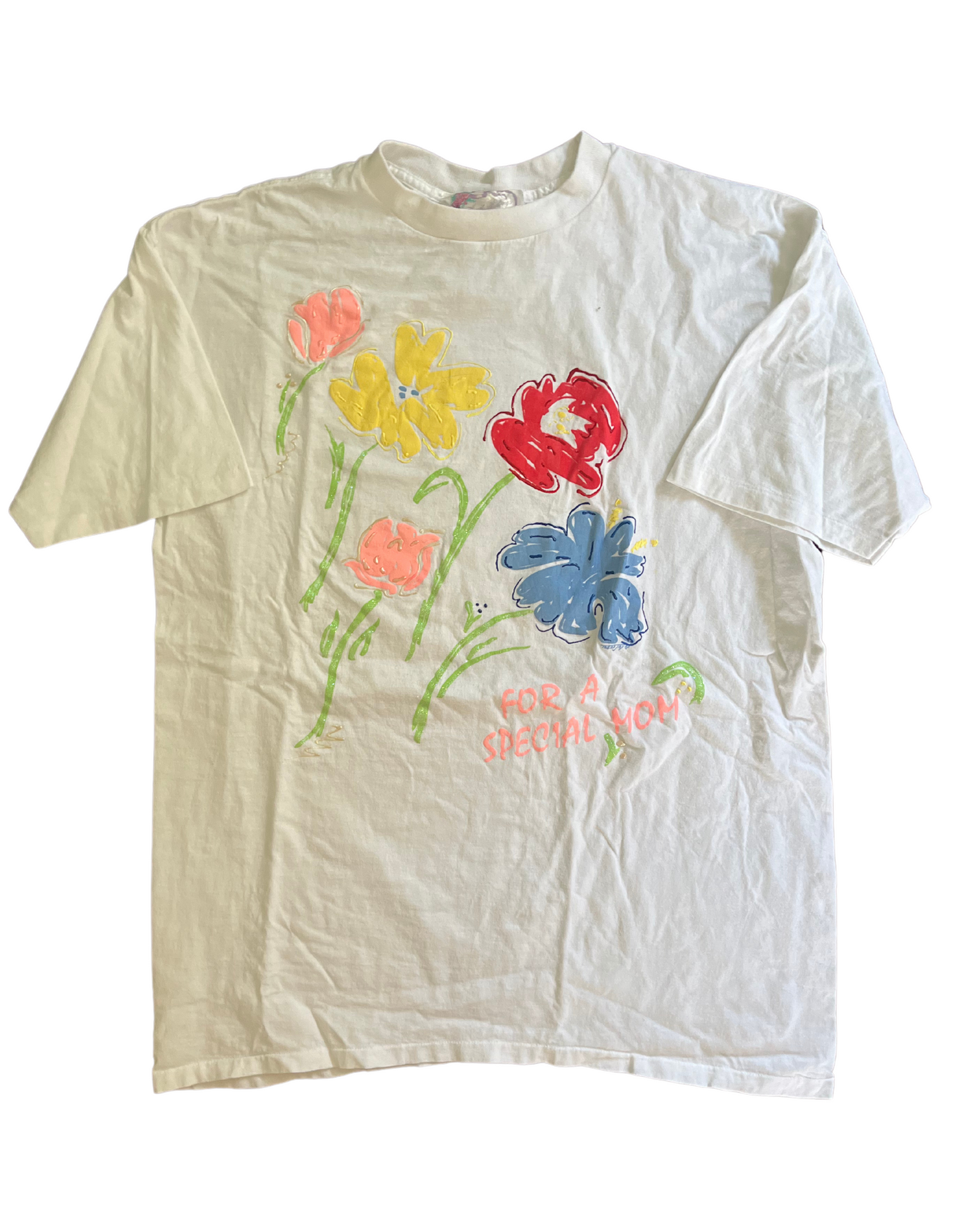 Front image of xl 'For A Special Mom' tee with flowers on light background.