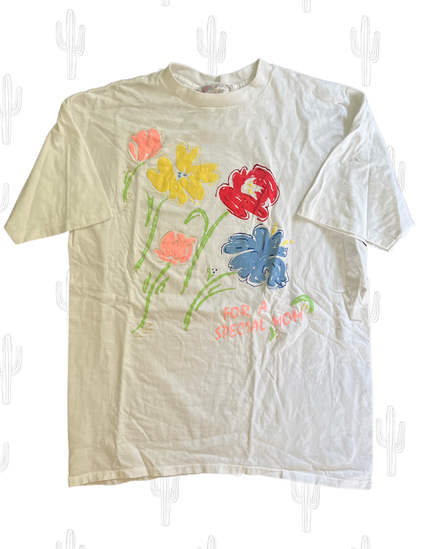 Front image of xl 'For A Special Mom' tee with flowers on light background.