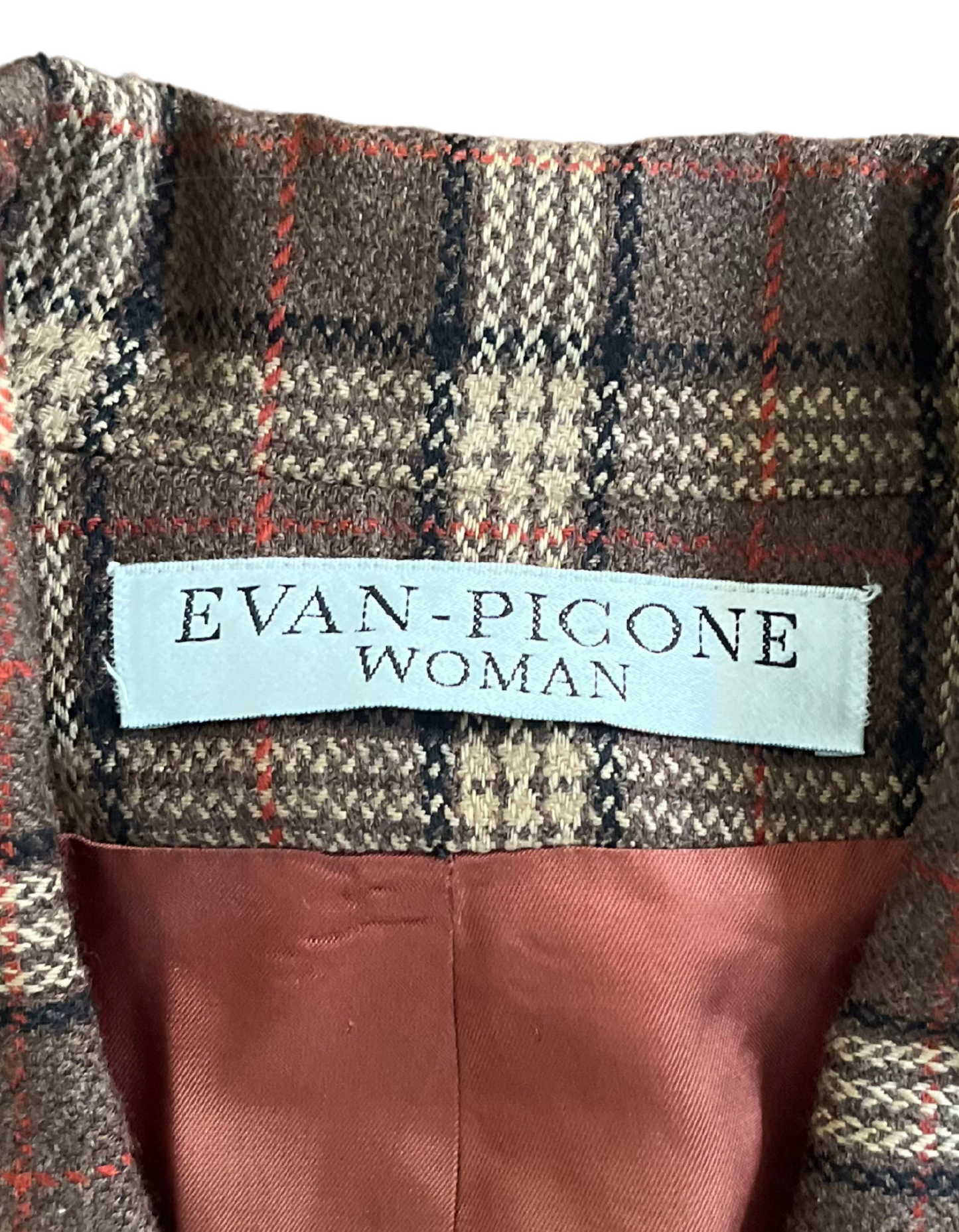 Front image of vintage Evan-Picone plaid wool double breasted blazer on light background.