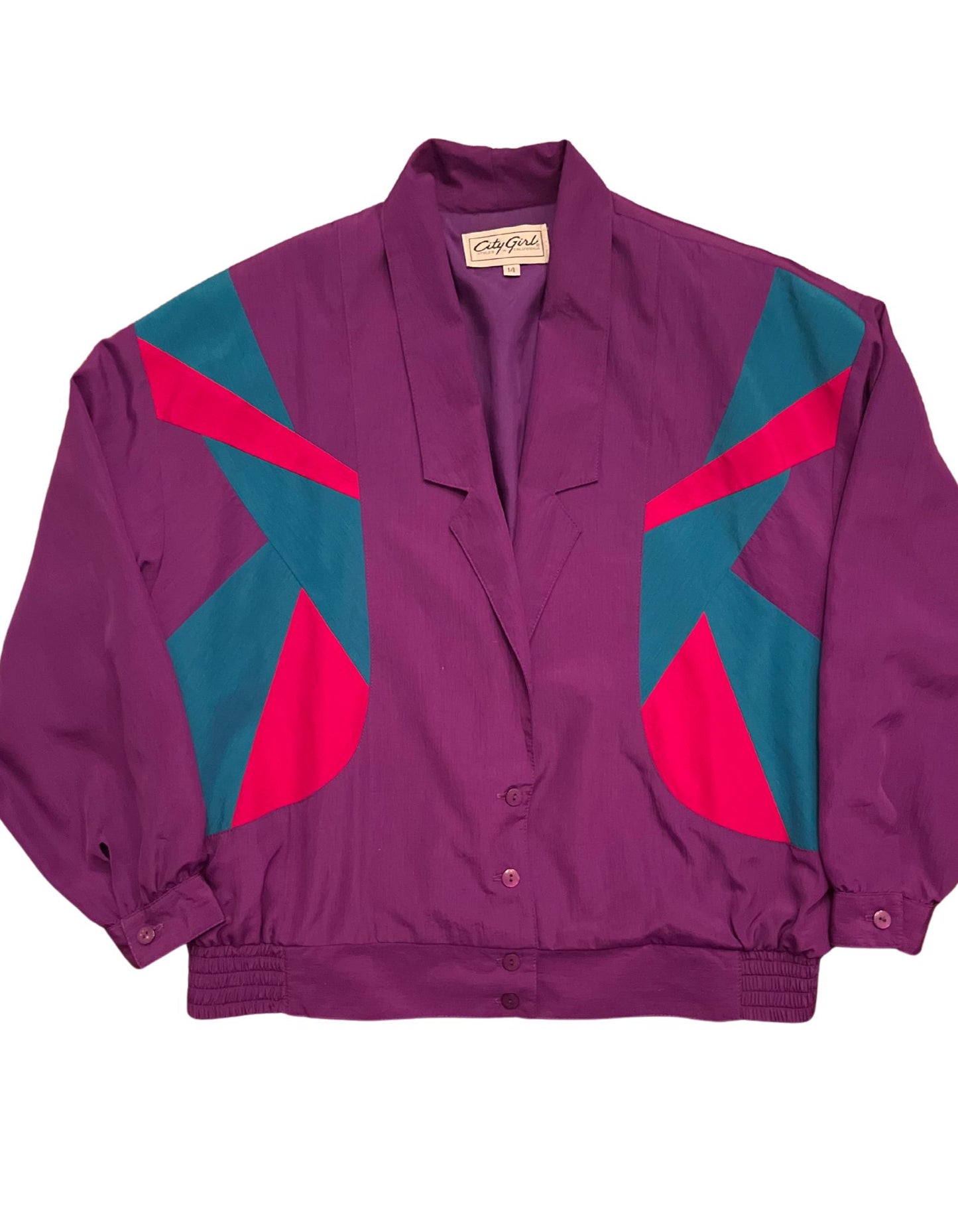 Front of purple, hot pink and teal City girl blazer on white background.