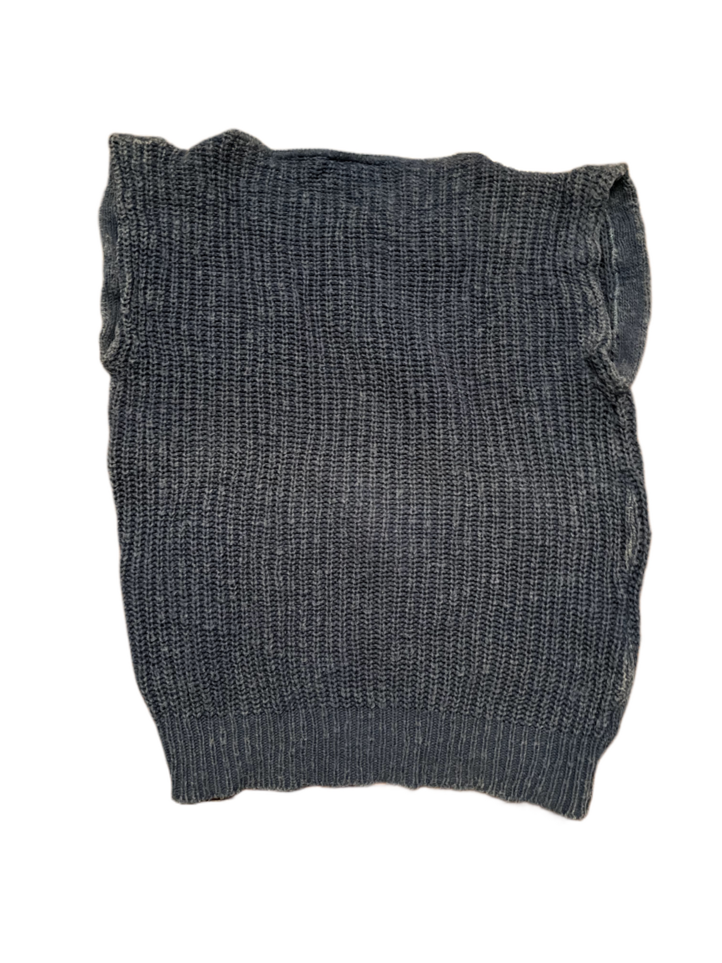 Back view of vintage blue cable knit sweater vest.