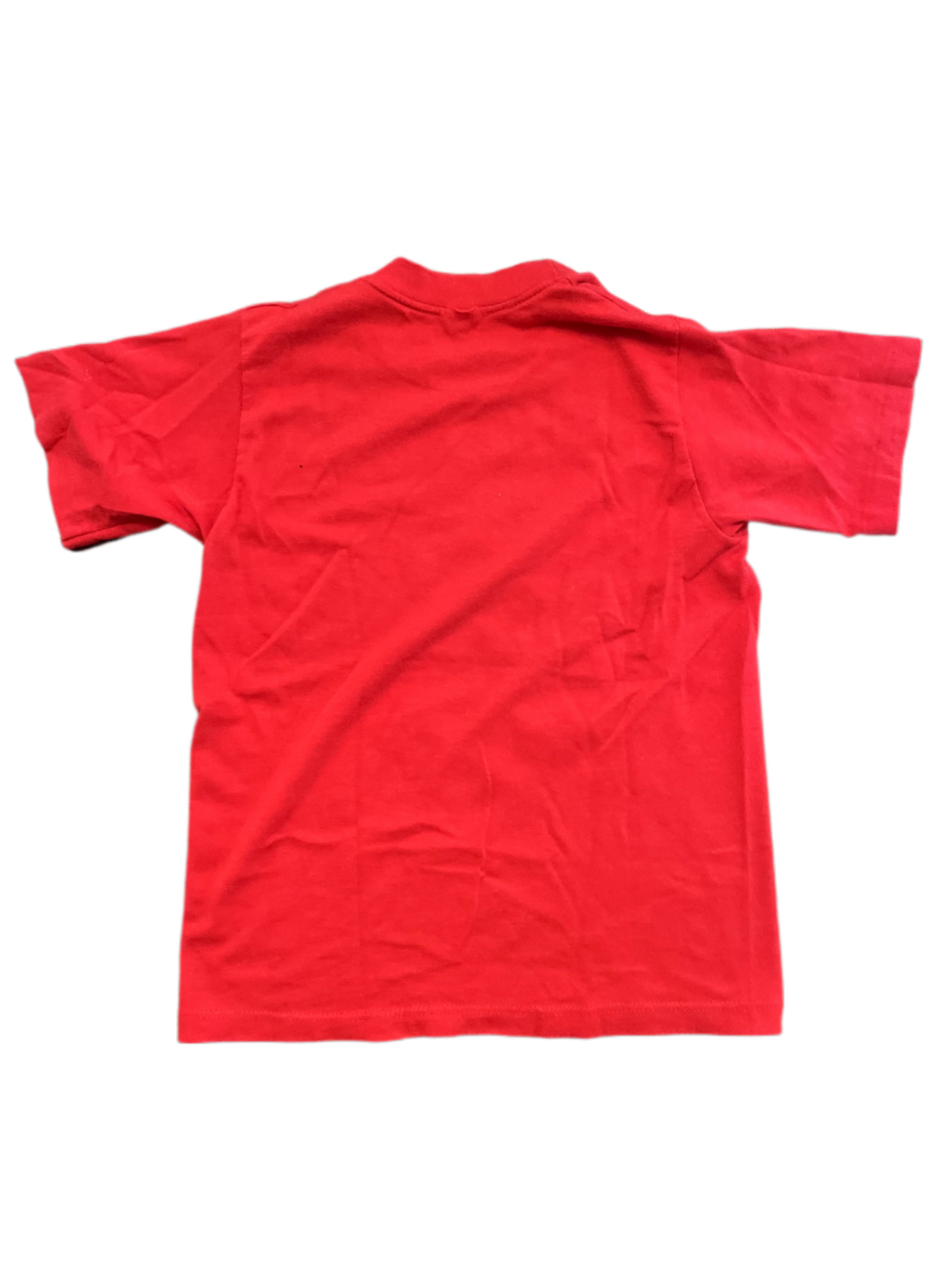 Image of red youth Yellowstone graphic t-shirt with camping bear on white background back image.